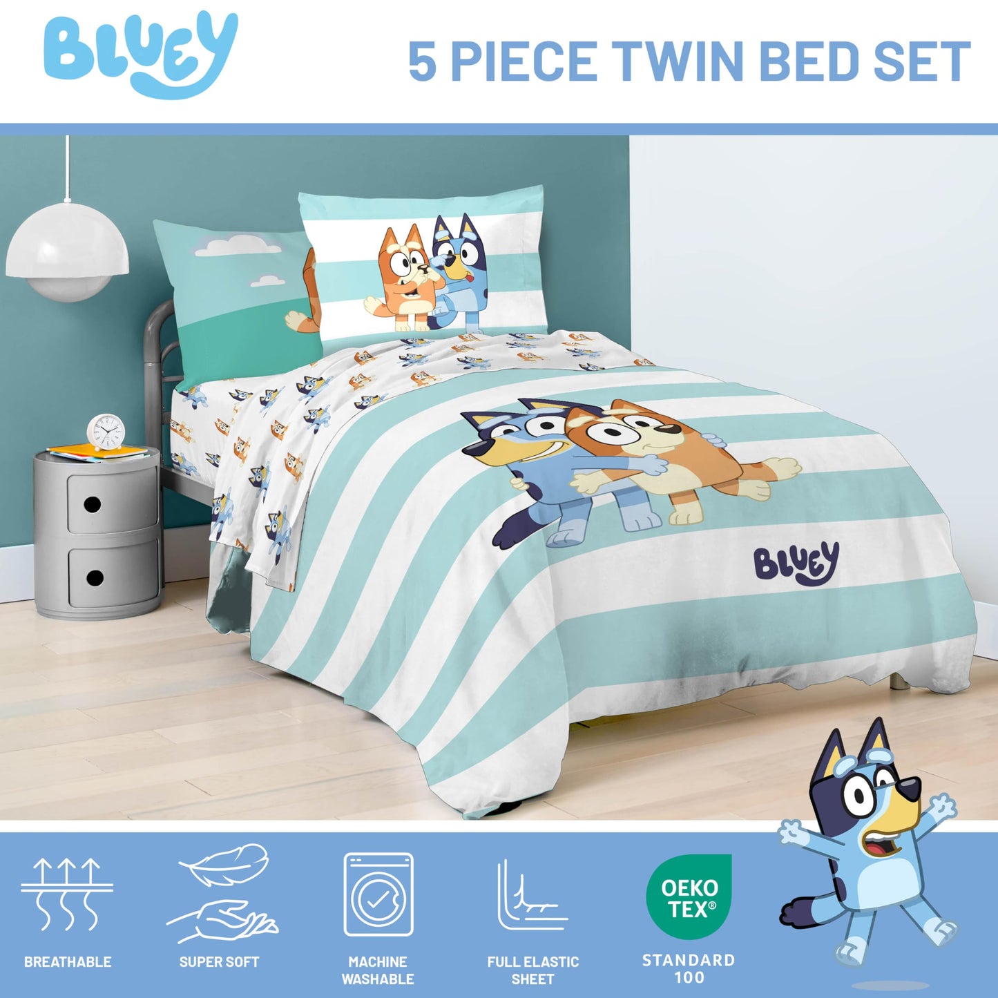 Bluey & Bingo 5 Piece Twin Bed in a Bag - Kids Comforter and Sheet Set with Sham - Super Soft Machine Washable Fade Resistant Microfiber, Oeko TEX Certified (Official Licensed Product) by Jay Franco