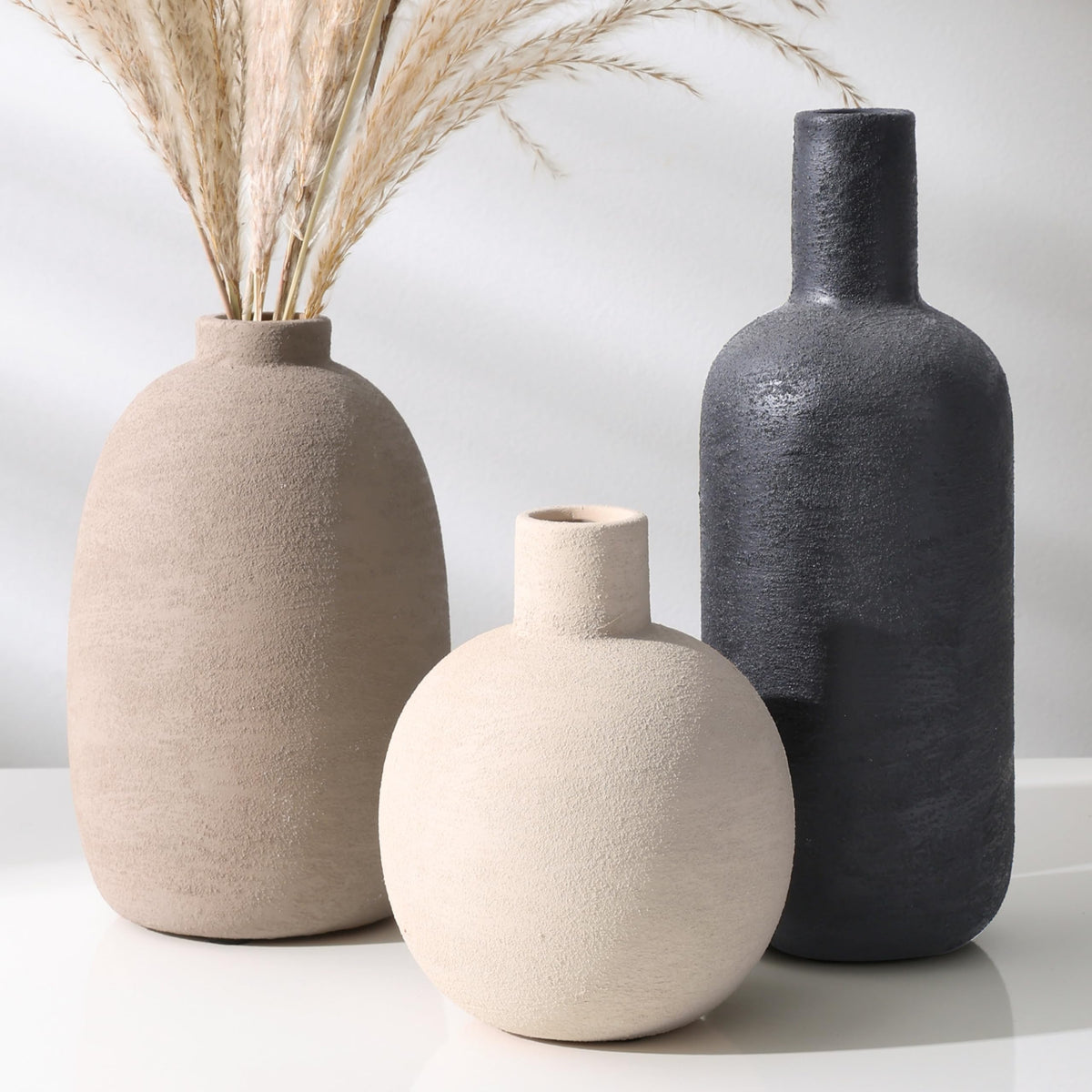 Ceramic Vase Set, Rustic Distressed Large Flower Vases in Pottery Decor, Modern Boho Farmhouse Decor for Pampa Grass, Dried & Fresh Flowers, Decorative Vase for Living Room, Kitchen, Entryway, Black