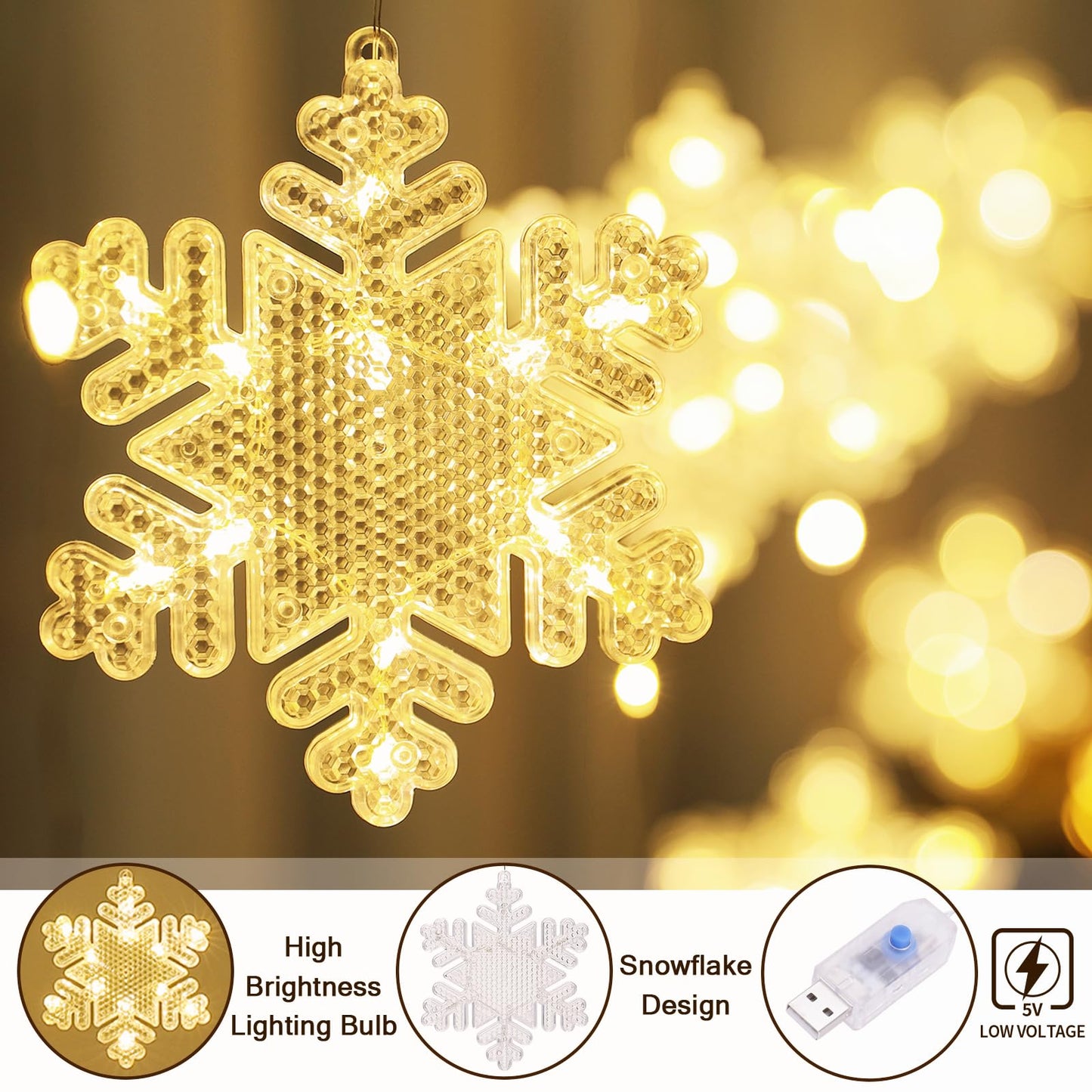 BLOOMWIN Christmas Window Lights Indoor - 2M 160 LED Christmas Window Decorations, Snowflake Curtain Hanging Fairy String Icicle Lights for Xmas Noel Bedroom Holiday Home Outdoor, Warm White USB
