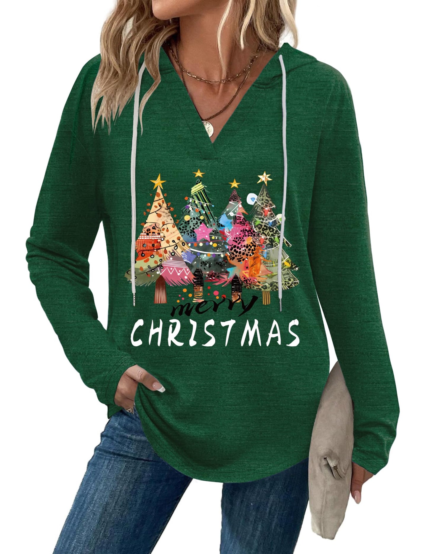 Zeagoo Christmas Hoodies Lightweight Long Sleeve Shirts Workout V Neck Sweatshirts Christmas Green M