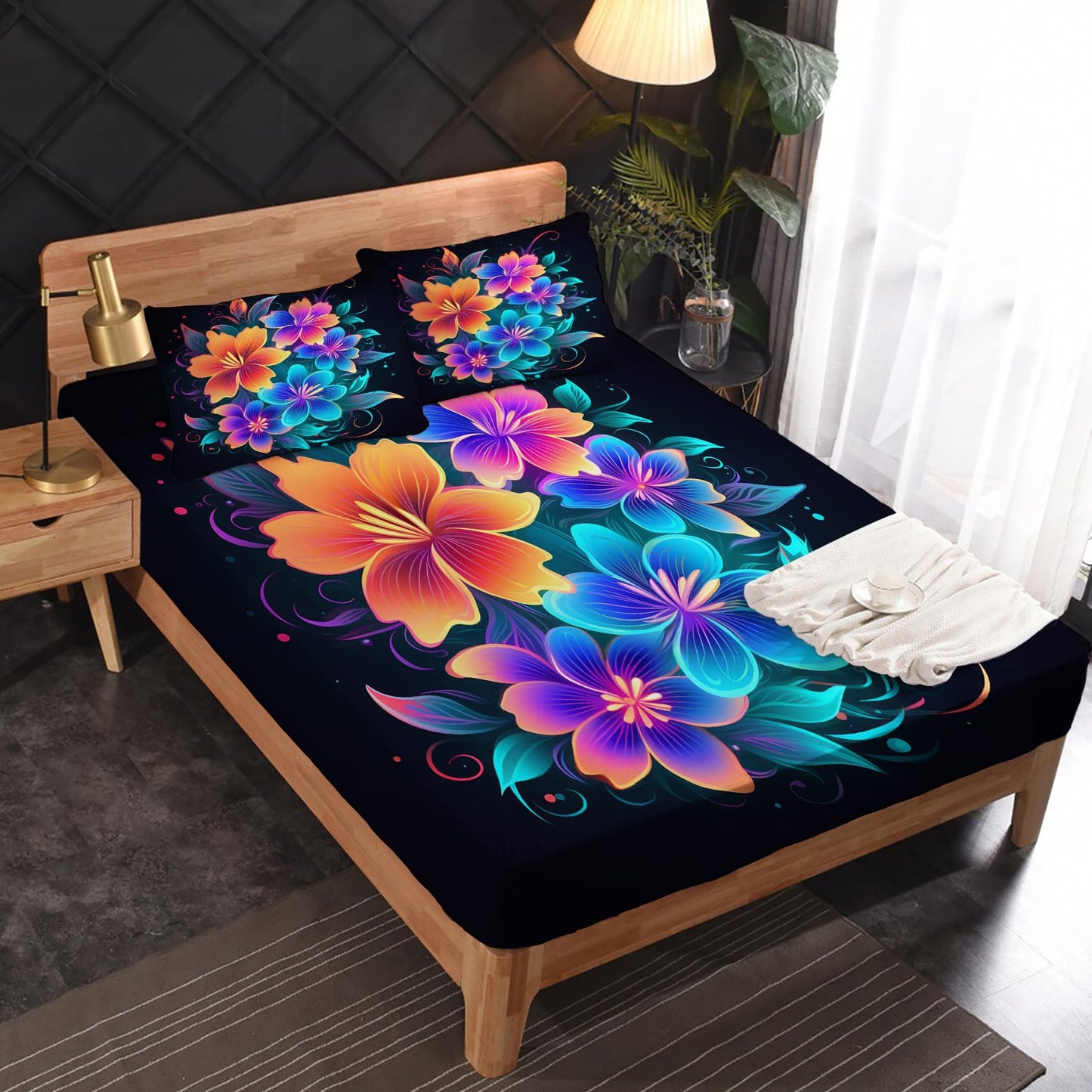 zcsm Floral Sheets King Size - Colorful Ombre Flower Bed Sheets, Soft Microfiber & Deep Pocket & Wrinkle Free Patterned Bedding Sheets & Pillowcases, 1 Fitted Sheet, 1 Flat Sheet, 2 Pillow Cases