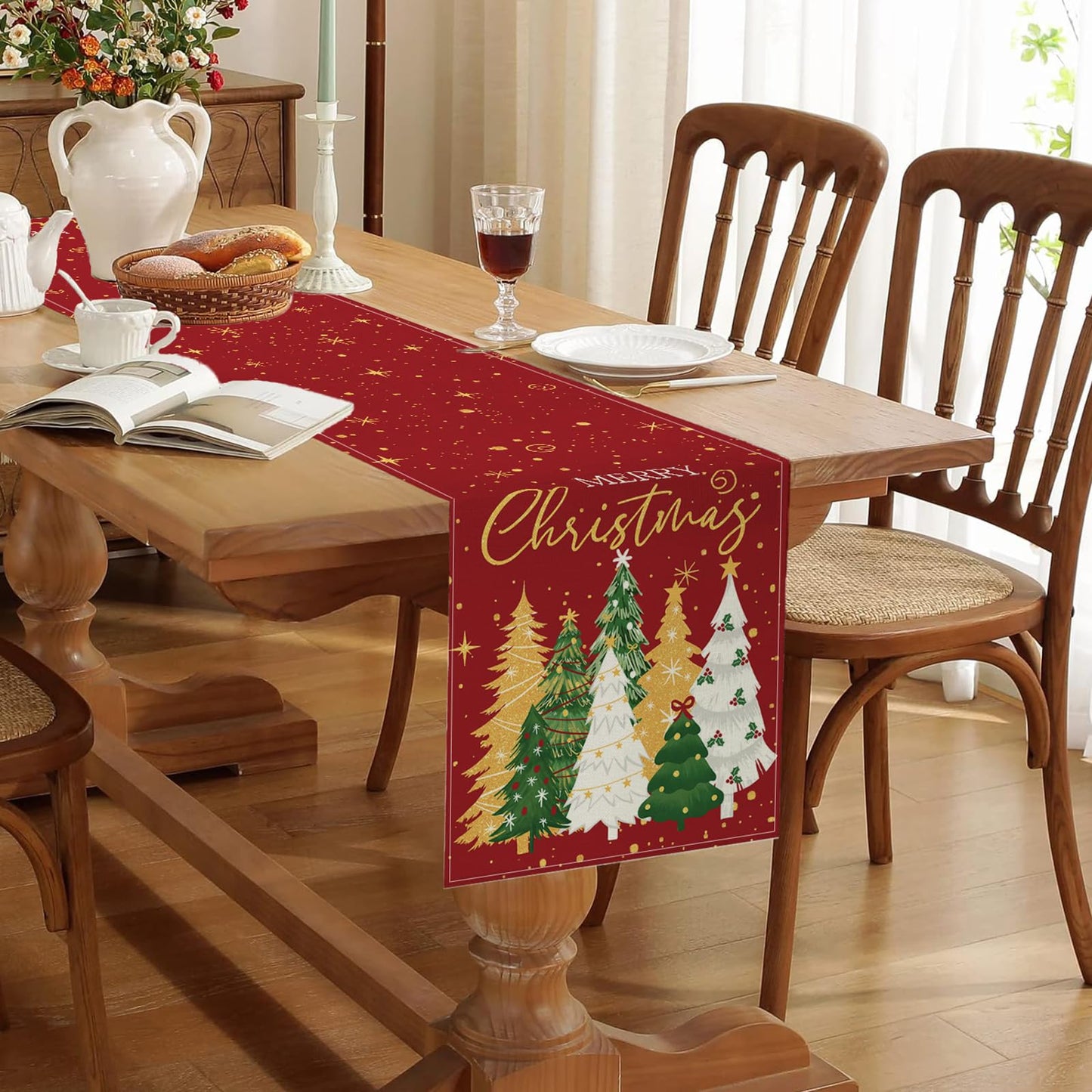 Christmas Decorations - Merry Christmas Table Runner 13x72 Inch,Xmas Trees Snowflakes Table Runner for Holiday Seasonal Winter Decoration Indoor Outdoor Party