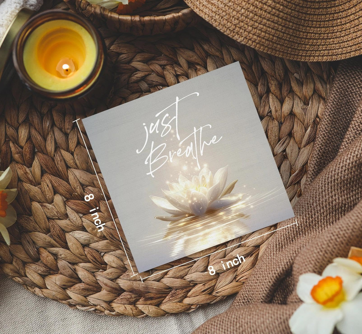 Lotus Flower Meditation Decor Signs, Just Breathe Lily Lotus Flower Room Decorations, Meditation Wood Decoration Home Decor For Zen Yoga Room Bedroom Desk Table Shelf 8x8 Inch Decorative Signs & Plaques