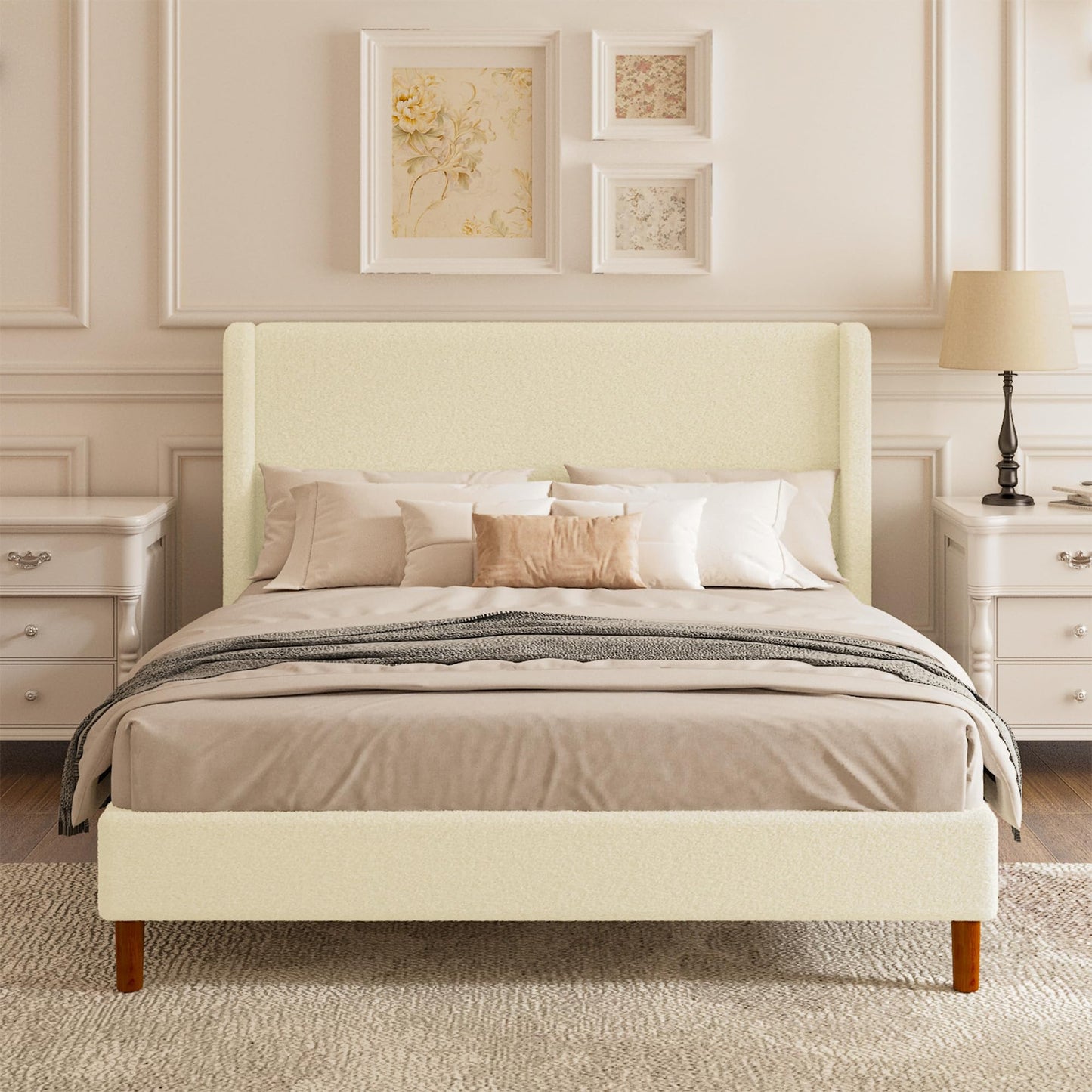 Lcwtvgxr Queen Boucle Upholstered Platform Bed Frame, Beige