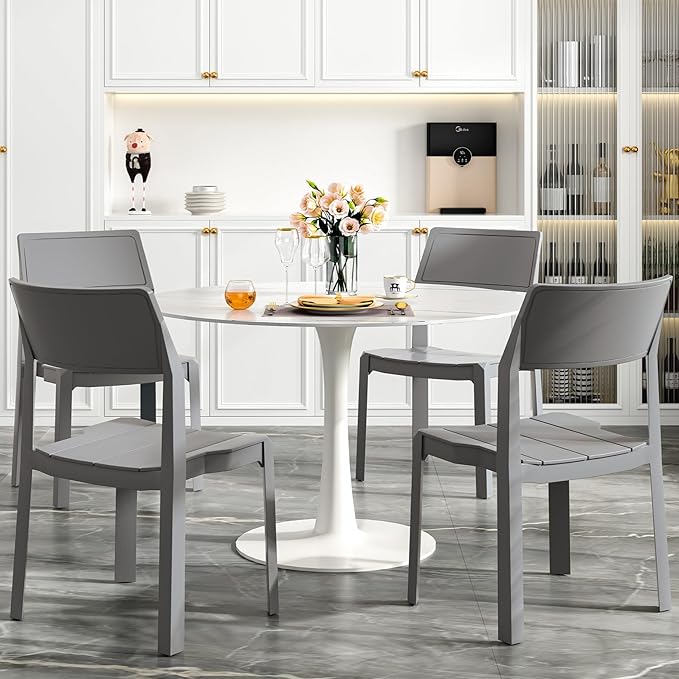 VECELO 4 Pack Stackable Dining Chairs, Plastic Patio Chairs for Indoor Outdoor Use in Kitchen, Poolside, No Assembly, Gray