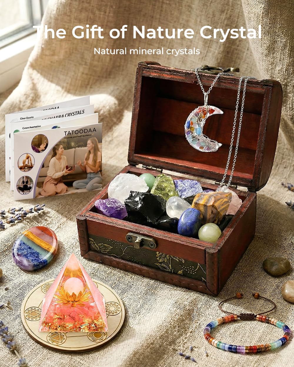 Crystals and Healing Stones Set - Chakra Crystals Gift for Women, Thumb Worry Stones, Rose Pyramid - Flower of Life, Chakra Bracelets, 7 Chakra Stones, Relief Anxiety Stress Birthday Gifts for Women