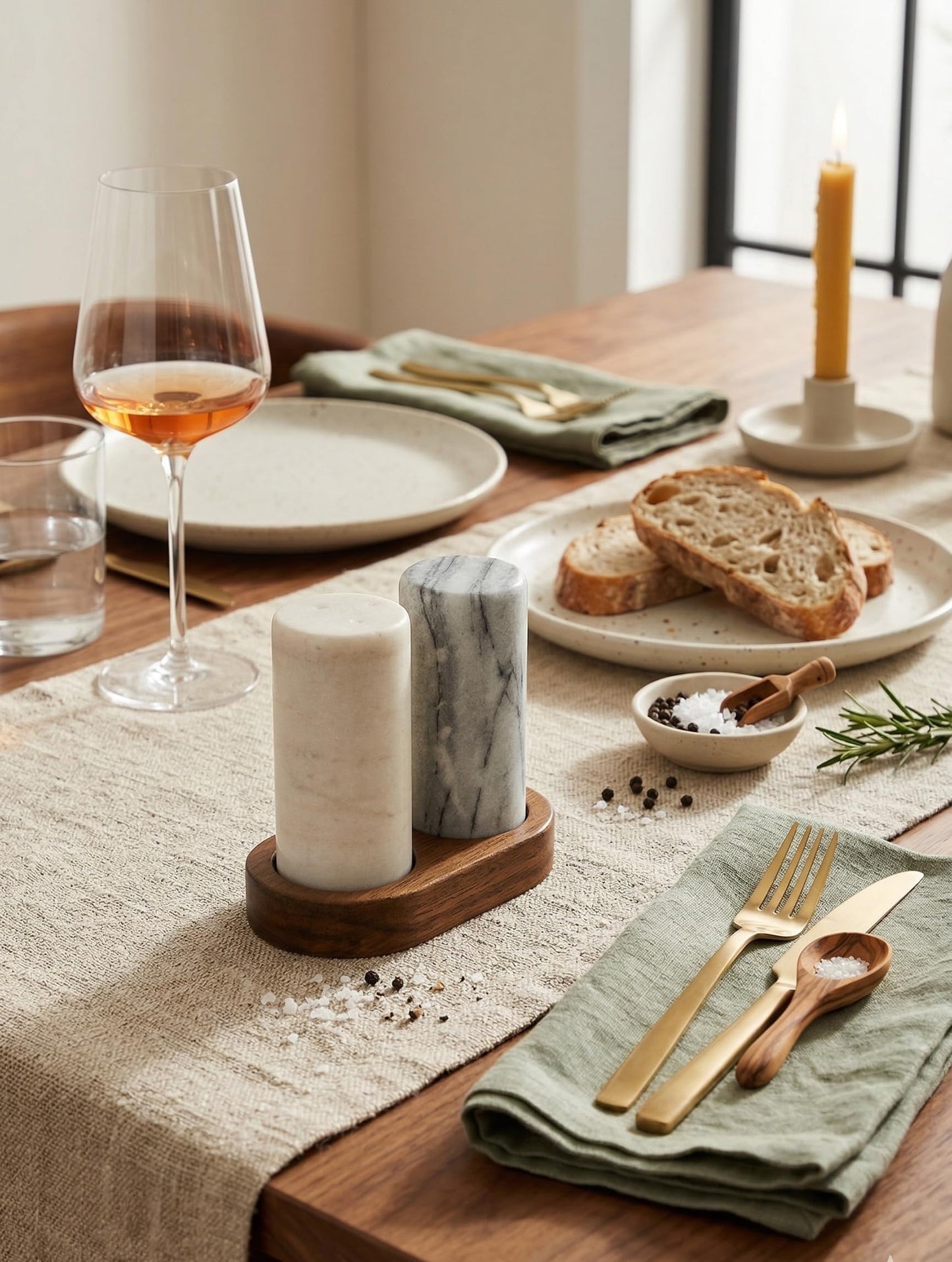 Spiretro Elegant Marble Salt and Pepper Shaker Set with Acacia Wood Holder - Real Grey and White Marble Cylindrical Shakers for Kitchen Shelf, Table or Spice Rack - 1.75” x 3.75” Each
