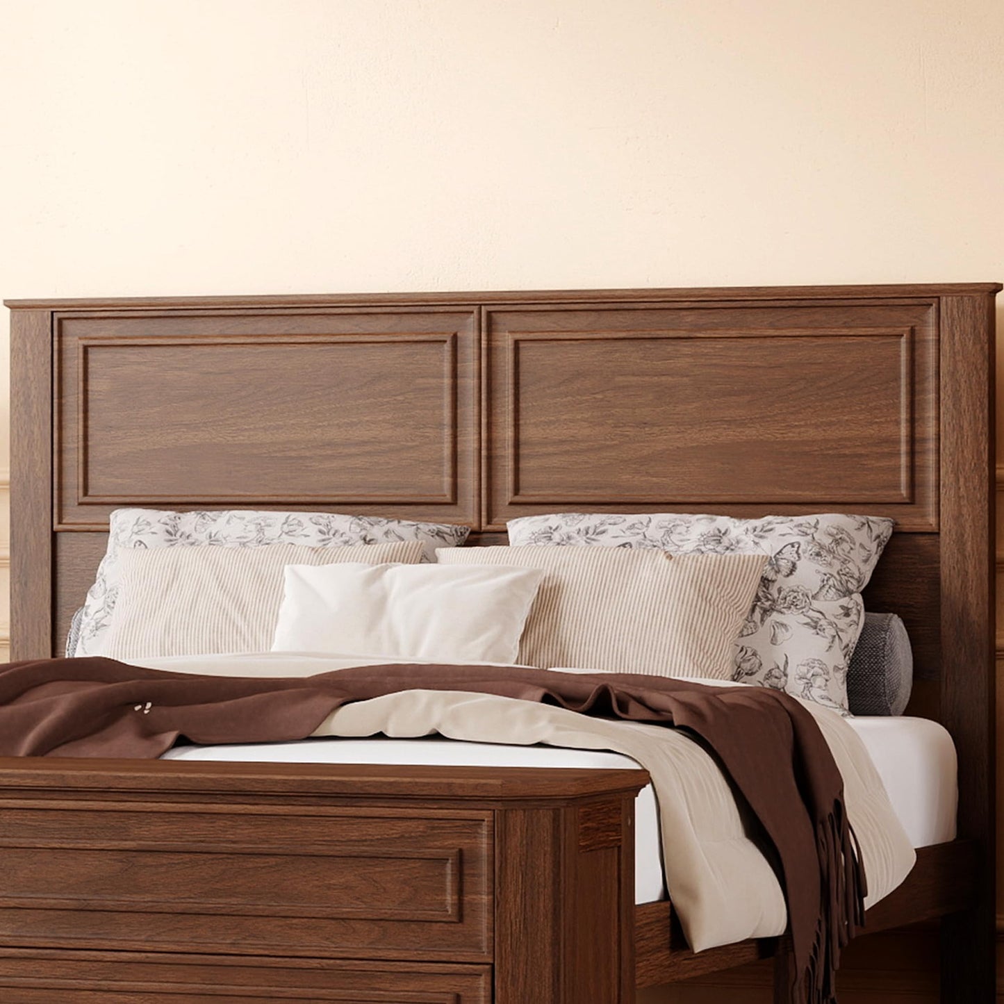 KEIKI Queen Size Farmhouse Style Bed Frame with Storage Bench, 2 Drawers & Lift-Top Compartments, Solid Wood Platform Bed with High Panel Headboard, Under-Bed Storage, No Box Spring Needed, Walnut