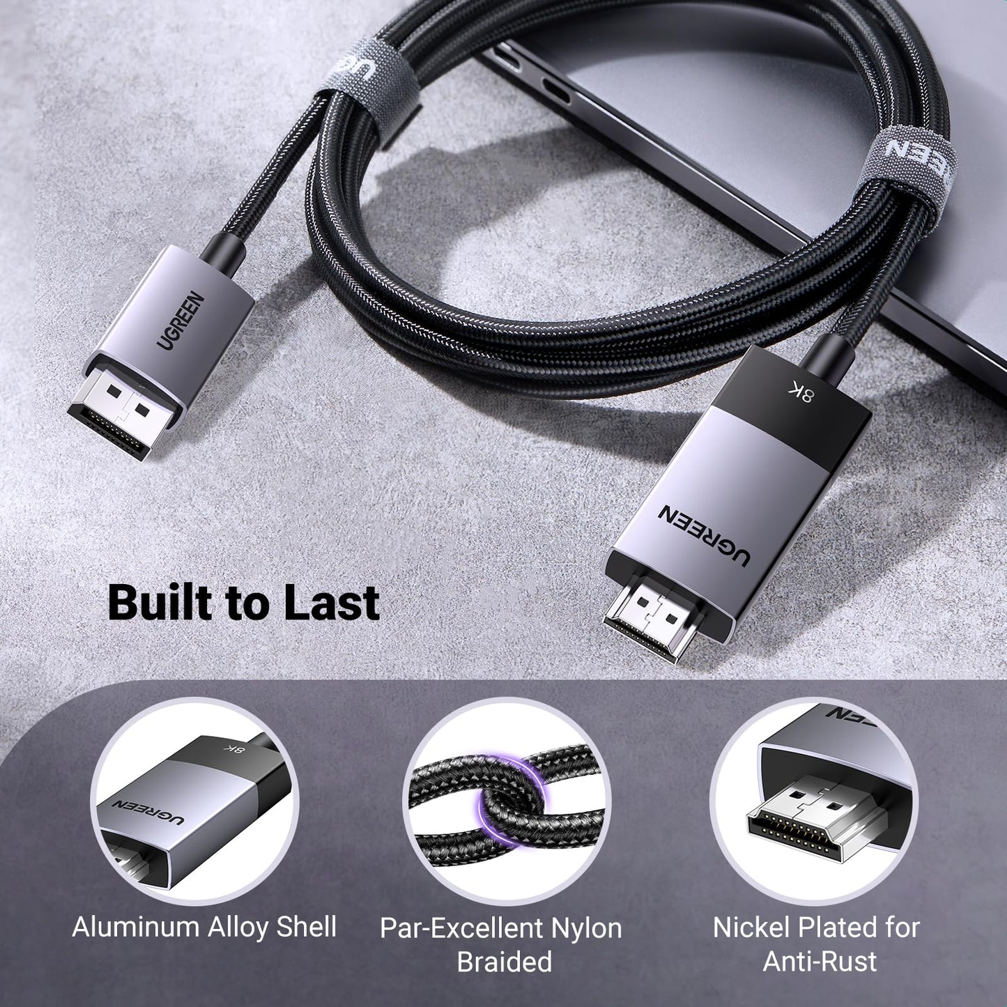 UGREEN Uni-Directional DisplayPort to HDMI Cable Braided 8K@60Hz, 4K@120Hz, 2K@240Hz DP 1.4 to HDMI 2.1 Male to Male Support 3D/HDCP 2.3/Active HDR Multi-Screen for Monitor Projector Laptop (2M)