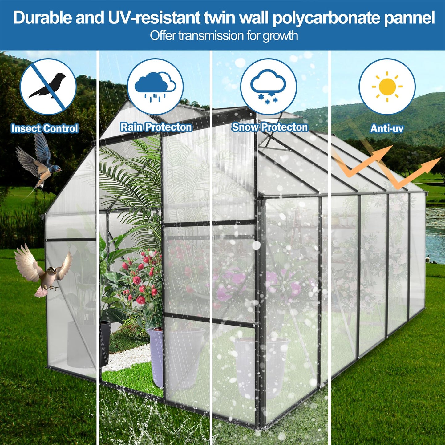 6x10 FT Polycarbonate Greenhouse, Heavy Duty Walk-in Garden Plants Green House, Adjustable Roof, Raised Base and Sliding Door for Outdoor Backyard, Black