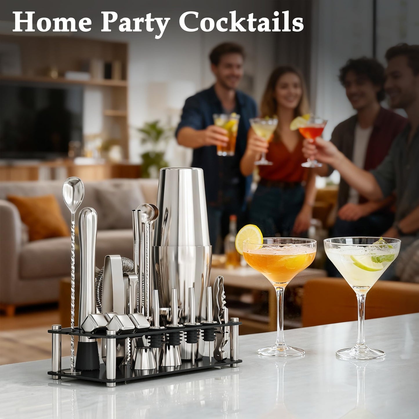 EffiQ-Rate 24 Piece Professional Boston Shaker for Cocktails, Stainless Steel Bar Kits for Bartender with Acrylic Stand, All Essential Bar Tools for Home, Party, Mixing Drinks, Silver