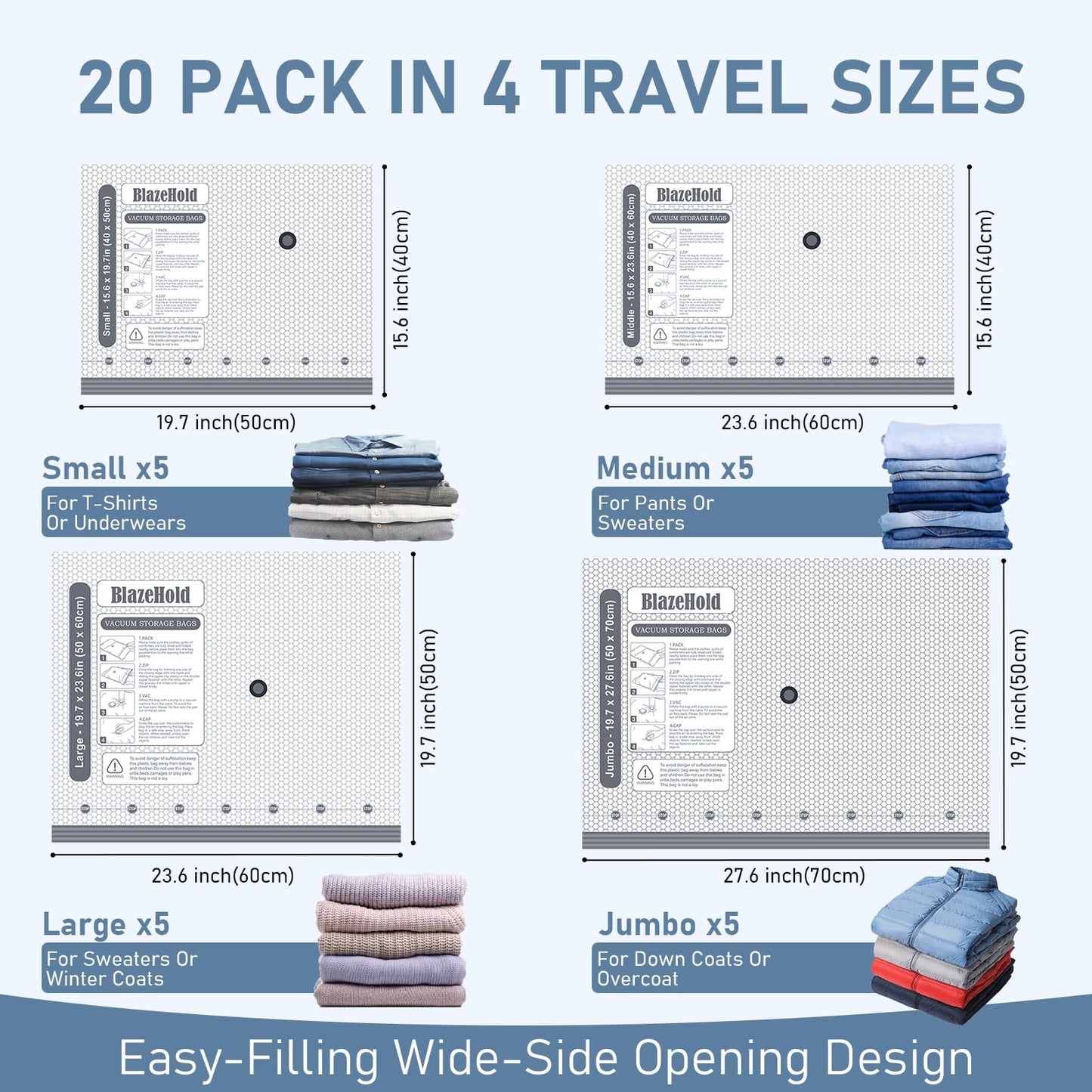 BlazeHold 20 Pack Travel Vacuum Storage Bags with Rechargeable Electric Pump, Compression Packing Seal Bag for Luggage, 5 Small + 5 Medium + 5 Large + 5 Jumbo Space Saver Bags for Clothing Travel