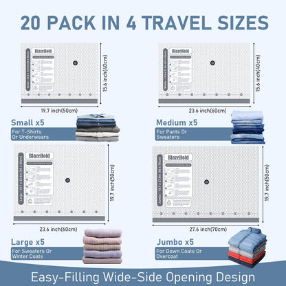 BlazeHold 20 Pack Travel Vacuum Storage Bags with Rechargeable Electric Pump, Compression Packing Seal Bag for Luggage, 5 Small + 5 Medium + 5 Large + 5 Jumbo Space Saver Bags for Clothing Travel