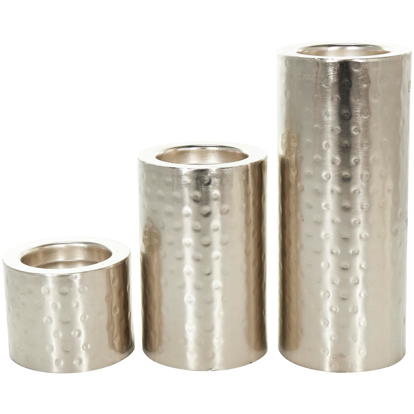CosmoLiving by Cosmopolitan Metal Handmade Pillar Candle Holder, Set of 3 11", 7", 4"H, Silver