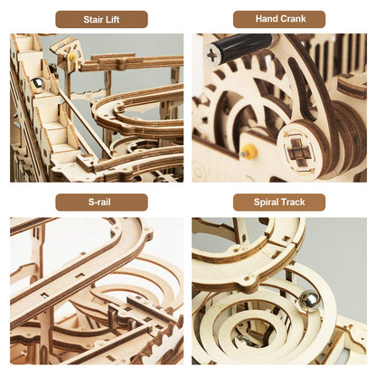 ROKR Hand Cranked Marble Run Wooden Model Kits Assembly 3D Wooden Puzzle Mechanical Model Kits with Balls for Teens and Adults(Waterwheel Coaster)