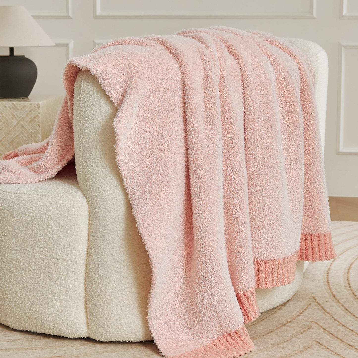 WESHIONGOO Faux Fur Throw Blanket Soft Feather Yarn Knitted Blanket 50x60 Inches Lightweight Breathable Throw for Bed, Couch, Travel - Machine Washable Cozy Home Decor Gift (Pink)