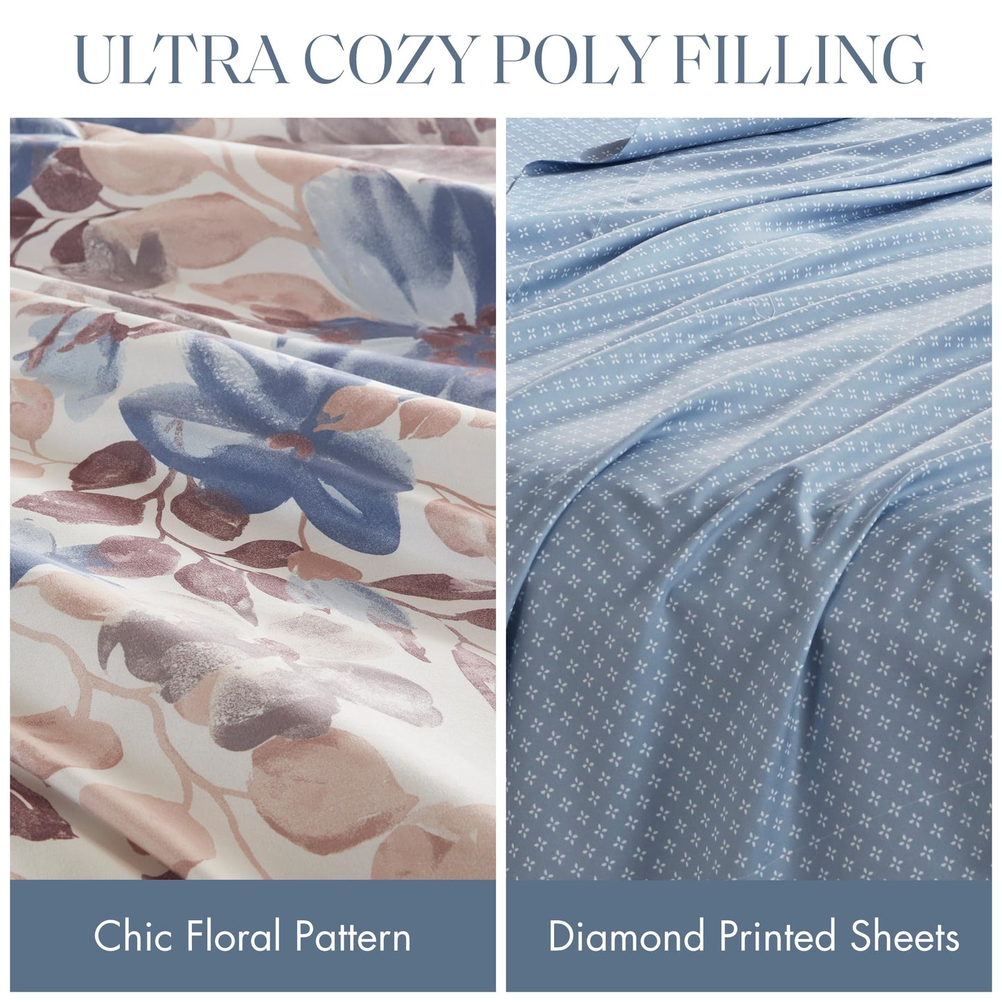 Madison Park Essentials Twin Comforter Set with Sheets, Floral Bed in A Bag Microfiber Comforter for Twin-Size Bed, Shabby Chic Twin Bedding Set Diamond Printed Sheet, Luna, Twin, Blue 5 Piece