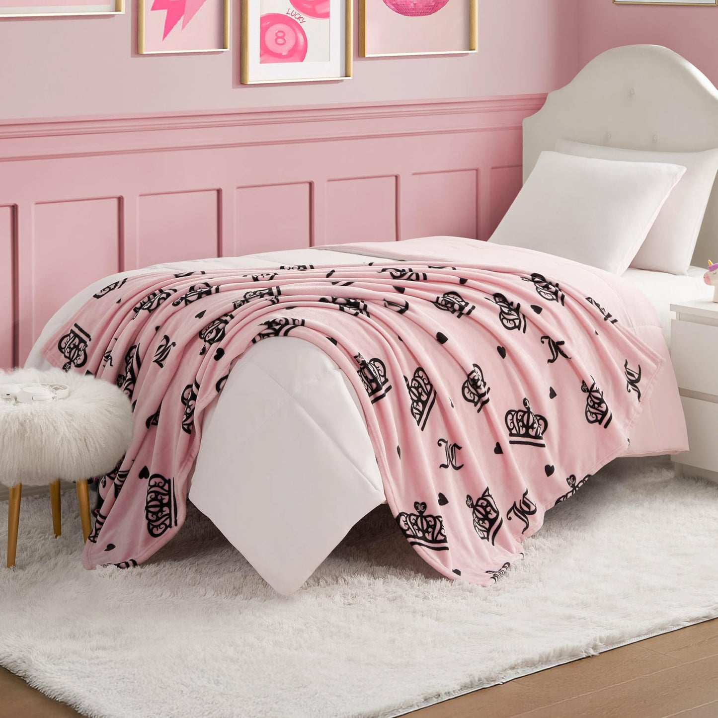 Juicy Couture Elegant Crown Diamond 50" x 70" Plush Throw Blanket, Pink - Decorative Blankets for Sofas, Throws for Chairs, and Beds