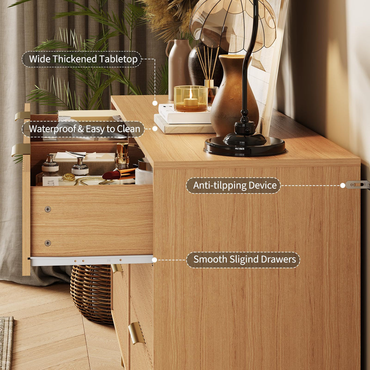 Garvee Fluted Dresser for Bedroom with 6 Drawers,47" Wide Modern Chest of Wooden Bedroom Chest with Metal Handle,Clothes Storage Organizer,Closet Dresser & TV Stand for Living Room,Hallway,6&Natural