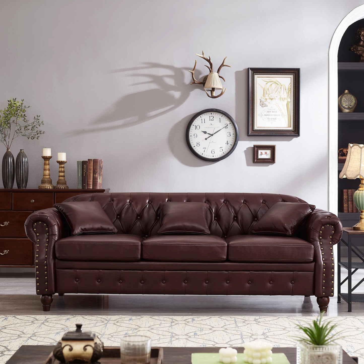 GDFStudio 86" Mid-Century Modern Chesterfield Sofa with Storage, 3 Seater Deep Seat Upholstered Faux Leather Couch with Tufted Back and Nailhead Trim, Rolled Arm Accent Sofa for Living Room, Burgundy