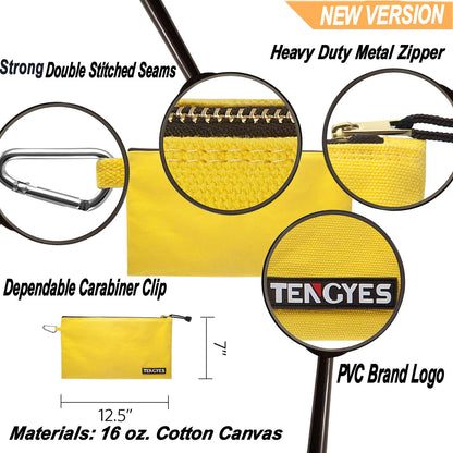 TENGYES Canvas Tool Pouch Zipper Bag - 5 Pack Utility Bags Heavy Duty Metal Zippers Pouches with Carabiner, Multi Storage Organizer Clip on Tote Bags