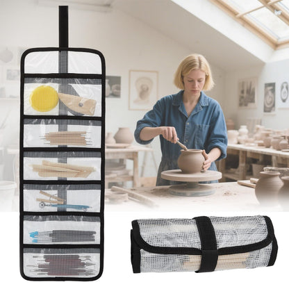 Small Roll Up Storage Bag, 6 Pockets Roll Up Tool Kit, Suitable for Mechanics, Kitchen Storage, Art Sketching, Travelling, Potter's Tools, Office Objects, Transparent and Visible, Space-Saving 4 Pack