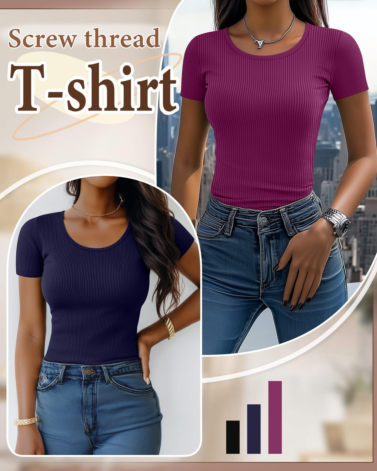 Ficerd 3 Pack Women's Short Sleeve T Shirts, Crew Neck Ribbed Knit Tops for Summer Casual Solid Tee Slim Fitted Basic Shirts(Black, Navy Blue, Fuchsia,X-Large)