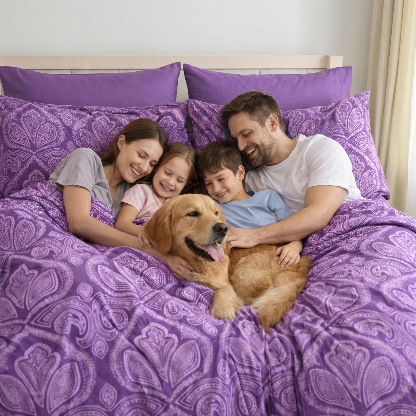 Ultra Soft Wrinkle-Free Microfiber Paisley Queen Sheet Set, Cute Floral Pattern Boho Print – 16" Deep Pocket Fitted Sheet, Flat Sheet & 4 Pillowcases, Breathable, OEKO-TEX - Purple