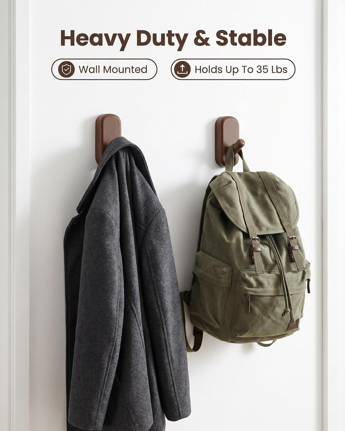 FCOWK Wooden Wall Hooks for Hanging - 4 Pack Heavy Duty Coat Hooks Wall Mount- Solid Walnut Wood Hat, Bag, Backpack & Towel Hooks - Modern Key Holder for Bathroom & Entryway (Dark Walnut)