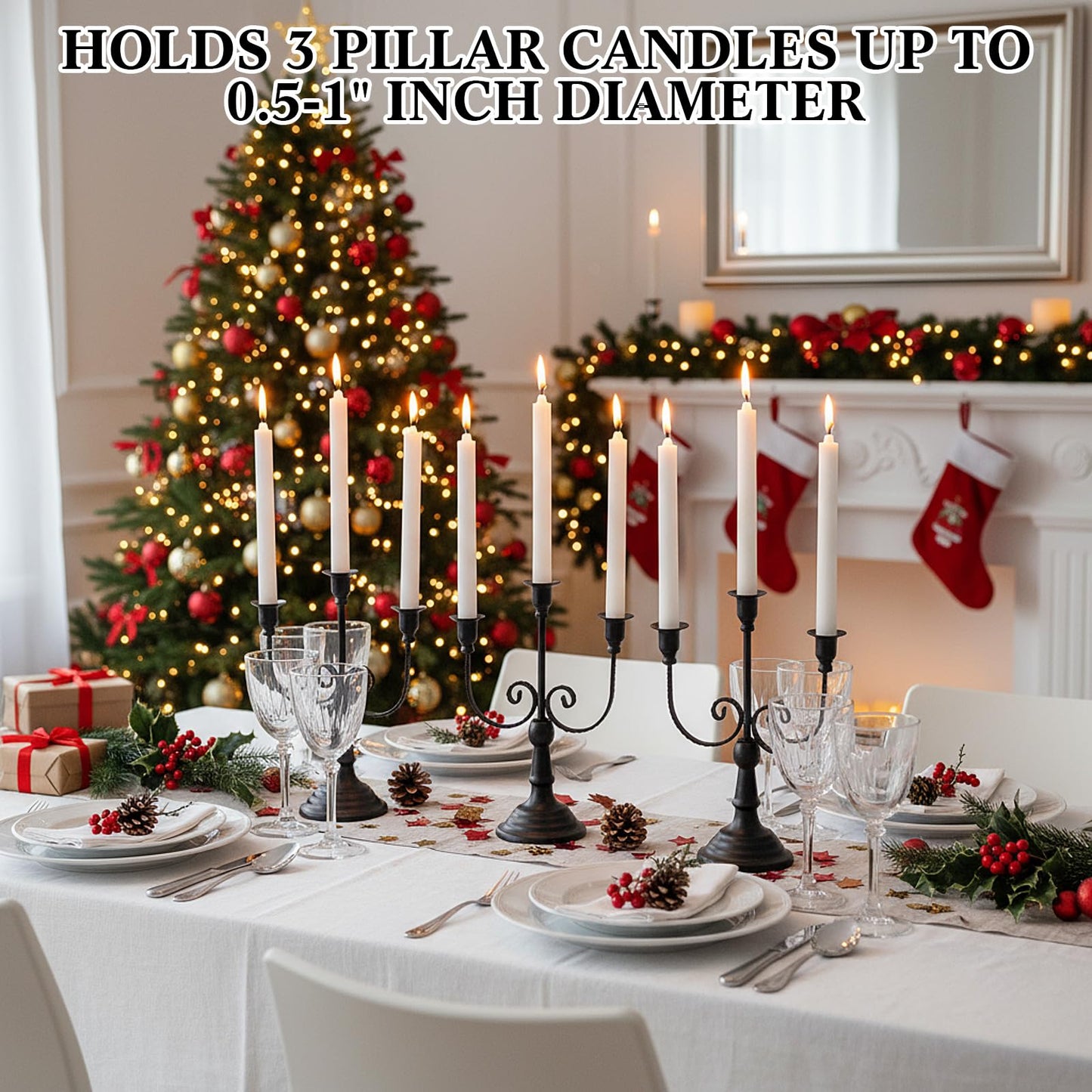 Dandat 3 Pcs 3 Arm Metal Candelabra Candlestick Holders Tall Candlestick Holders Gothic Candle Holder for Home Wedding Church Christmas Party(Retro,11.8 Inch,Black)