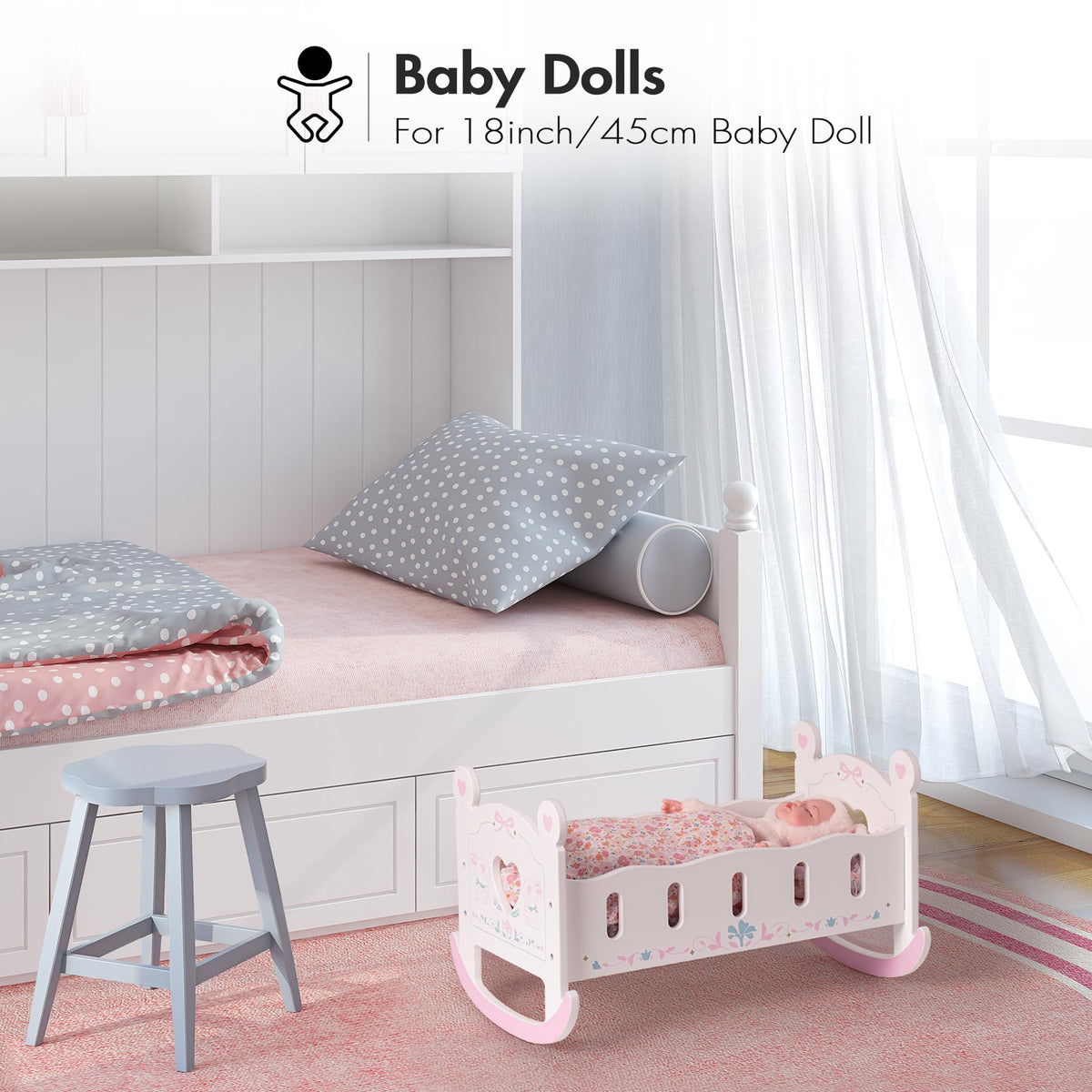 ROBOTIME Wooden Baby Doll Crib, Doll Cradle Bed for 18-24 Inch Dolls, Baby Doll Crib Set with Blanket and Pillow, Toy Doll Bed for Girls Ages 3+
