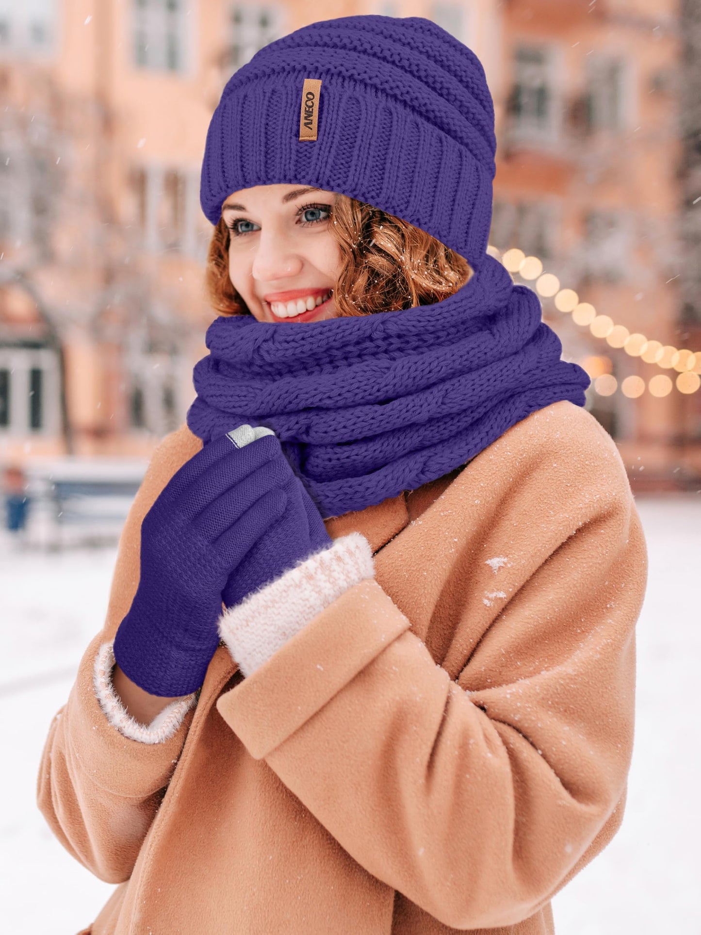 Aneco Winter Warm Knitted Scarf Beanie Hat and Gloves Set Men & Women's Soft Stretch Hat Scarf and Mitten Set