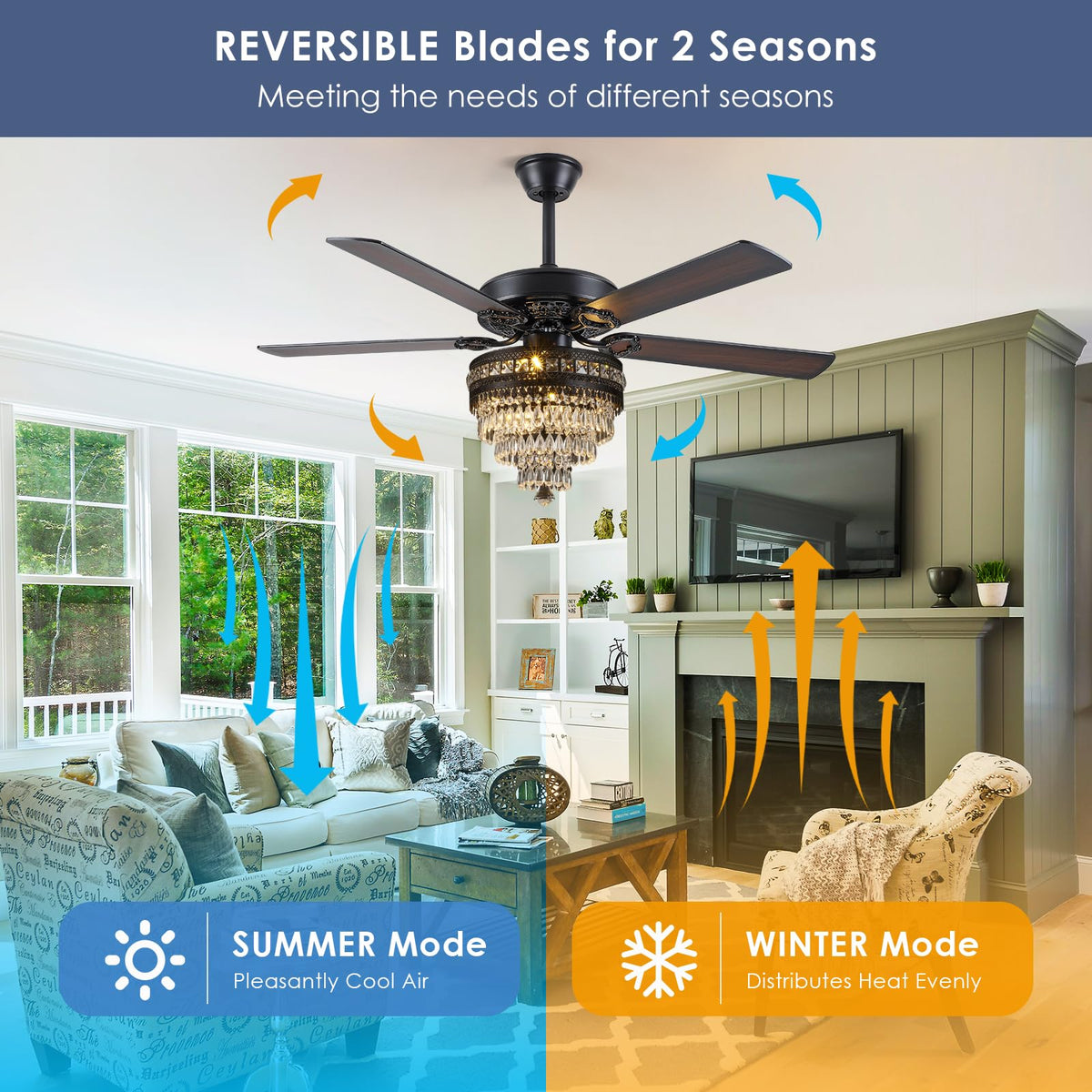 Asyko 50" Crystal Ceiling Fan Fandelier with Lights - Modern Black Chandelier Fans with Remote Control，Noiseless AC Motor, Retro/Farmhouse Lighting, Dining Room，Living Room