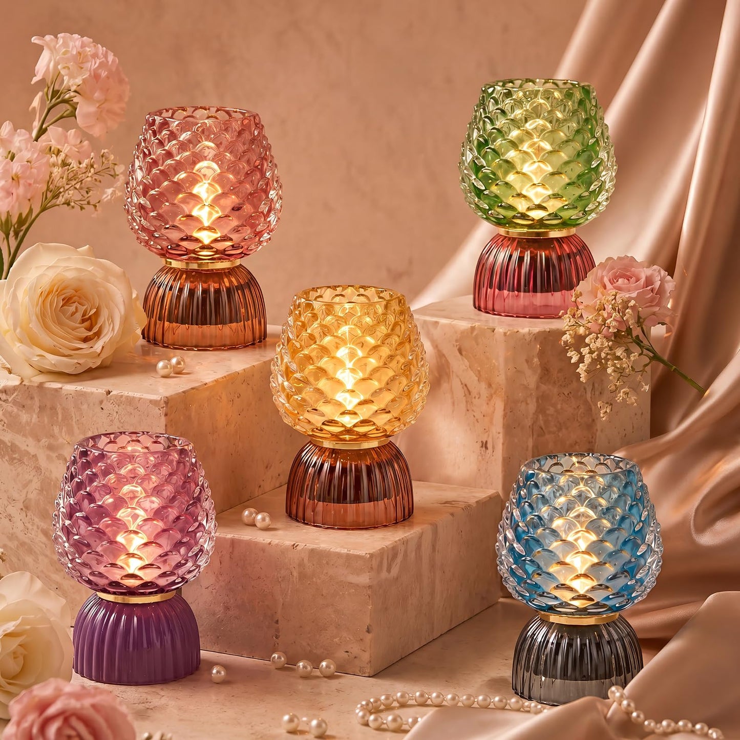 SisiHokai Battery Operated Lamp with Timer, Cute Small Cordless Glass Table Lamp for Home Decor, Kitchen, Bathroom, Birthday Gift for Women, Pinecone, Pink