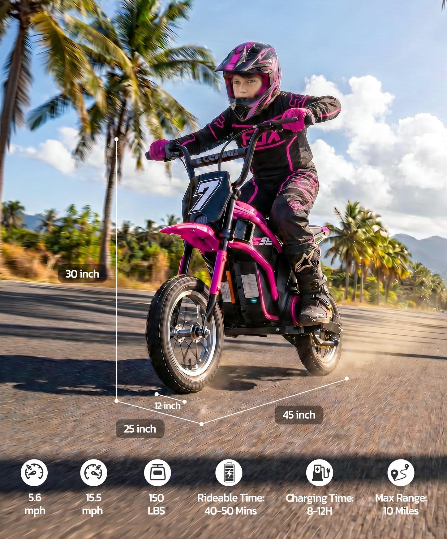 ELEMARA Electric Dirt Bike,350W Motorcycle 24V Ride on Toy for Big Kids w/LED Power Display,15.5 mph & 150lb Max,3 Speeds,Chain-Driven Motor,Twist-Grip Throttle & Brake Lever,12" Air-Filled Tires-Pink