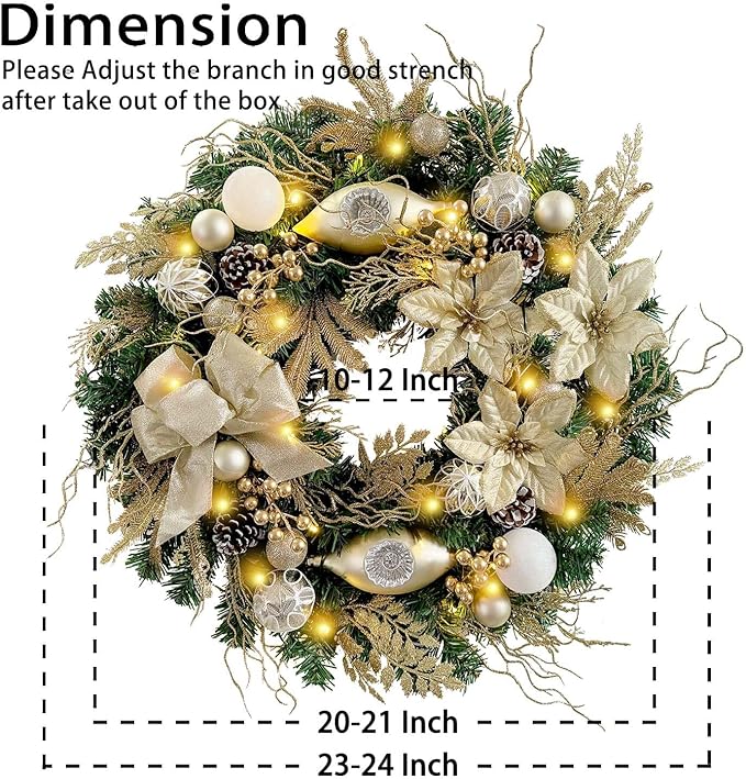 WANNA-CUL Pre-Lit 24 Inch Lighted Christmas Wreath for Front Door Champagne Gold Christmas Door Wreath Decor with Ball Ornaments, Poinsettia Flowers,Ribbon,Pine Cones,Battery Operated 30 LED Lights