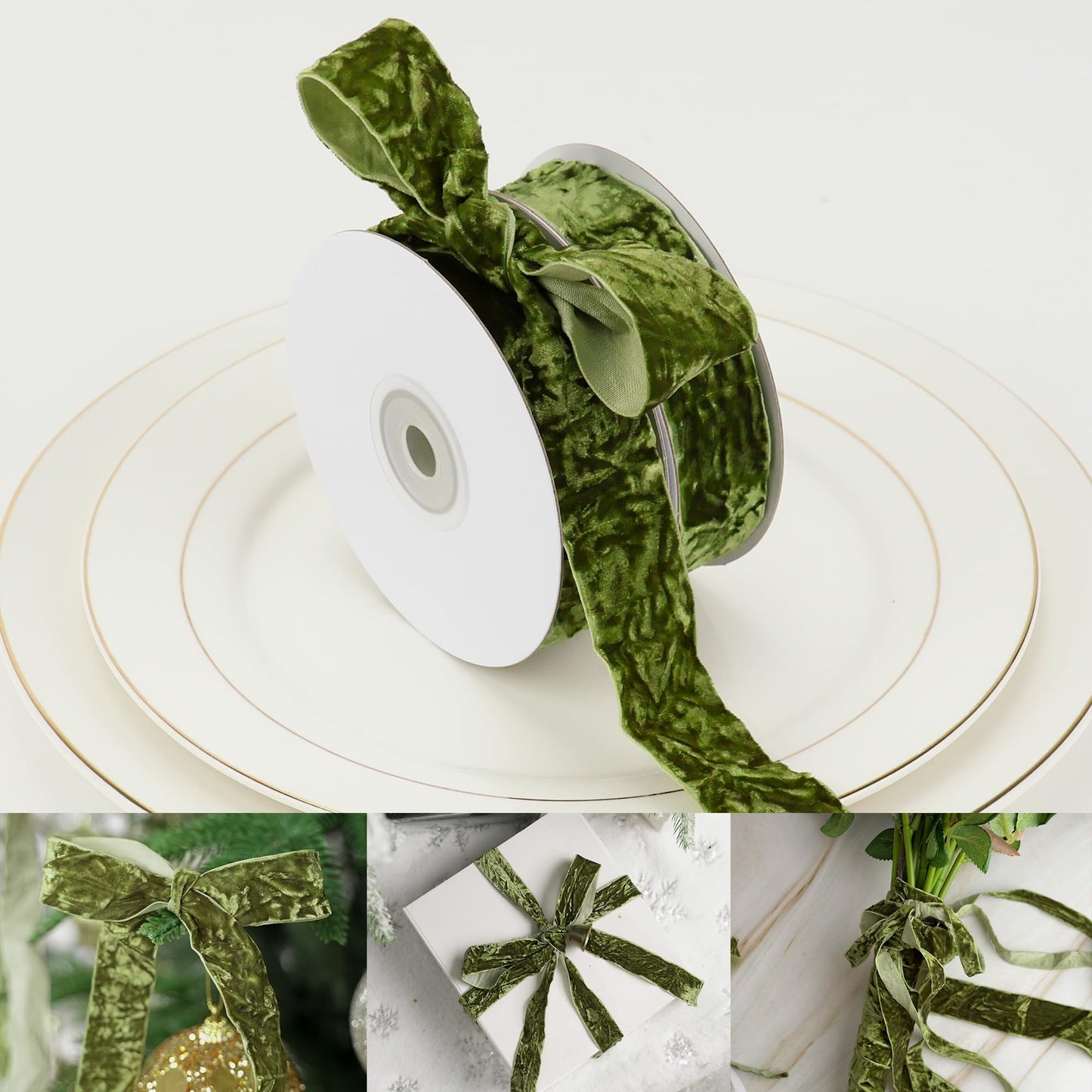 HUIHUANG Moss Green Velvet Ribbon 1 inch x 10 Yards Luxury Crushed Green Velvet Ribbon for Christmas Tree Ornaments, Gift Wrapping, Wreath Decoration, Holiday Decor, Bows, Flower Bouquets