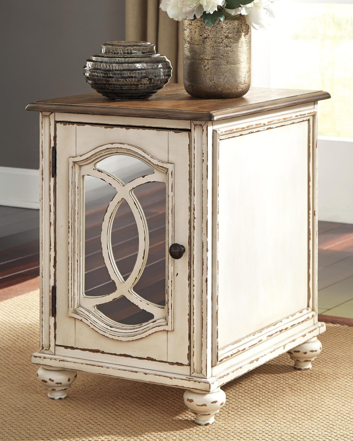Signature Design by Ashley Realyn Chairside End Table, Living Room Side Table, Antique Two-Tone Mirrored Door, Ash Veneer, Wood and Engineered Wood, White/Brown, 18"W x 24"D x 25"H