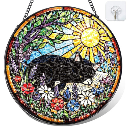 Riletese Stained Glass Window Hanging – Cat & Book Lover Gifts for Women Men, Sleeping Cat Suncatcher, Glass Ornament for Reading Room Home Garden Decor, Christmas Mother's Day Birthday Gifts, 8 Inch