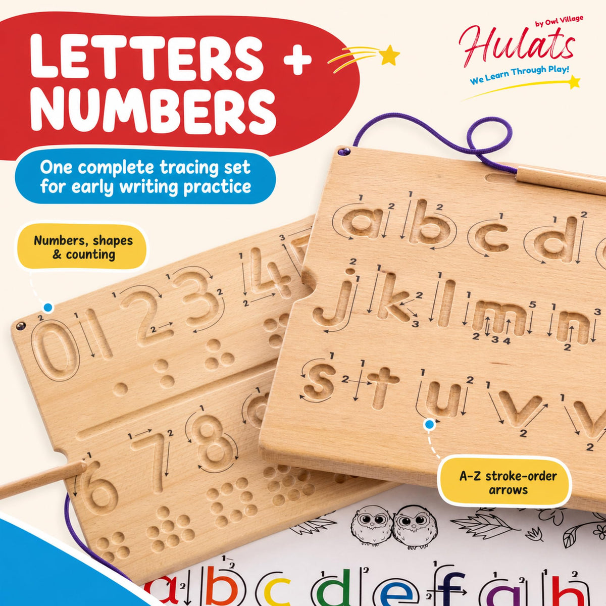 Hulats Learn to Write - Number & Letter Tracing Boards with Direction Arrows - Montessori Wooden Alphabet & Numbers Board Set, Ages 3-5 - Deep Grooved Handwriting Practice, Screen-Free