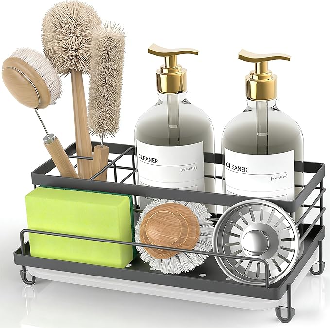 Cisily Gray Sponge Holder for Kitchen, Sink Caddy Sink Organizer Rack for