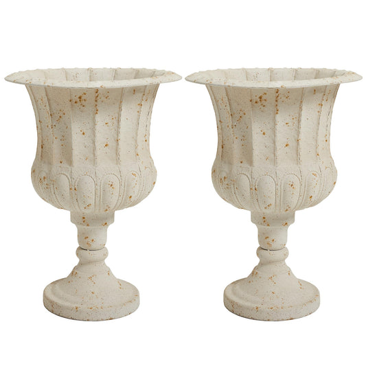 Worth Garden 25" H. Metal Urn Planters 2-Pack - White Classic Antique Iron Plant Pots - Large Decorative Rustic Flower Pots for Outdoor Use - Traditional Urn Planter for Patio, Front Porch