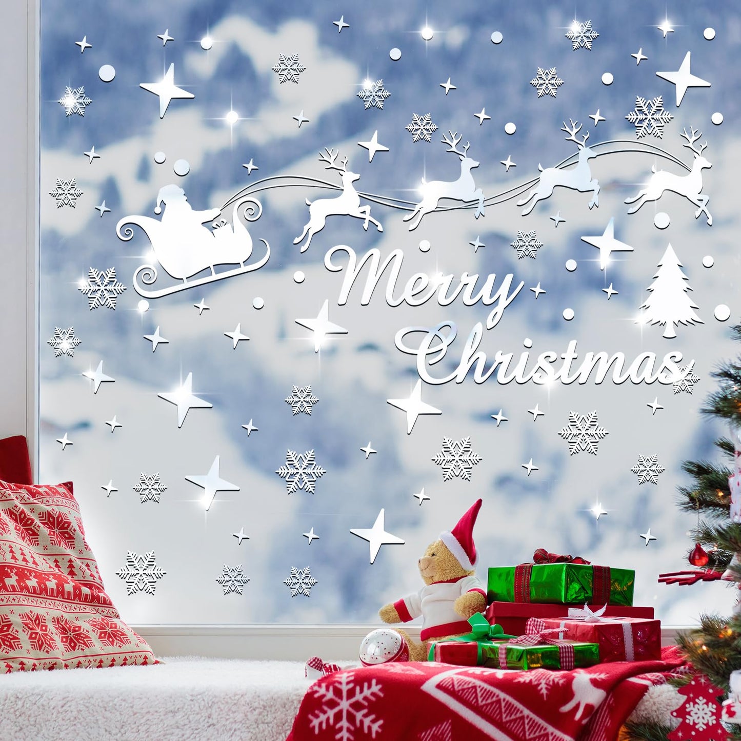 Christmas Mirror Decals Stickers Merry Christmas Santa Claus Reindeer Snowflakes Window Mirror Clings Xmas Acrylic Wall Art Decals Decor for DIY Holiday Winter Party Home Window Decor