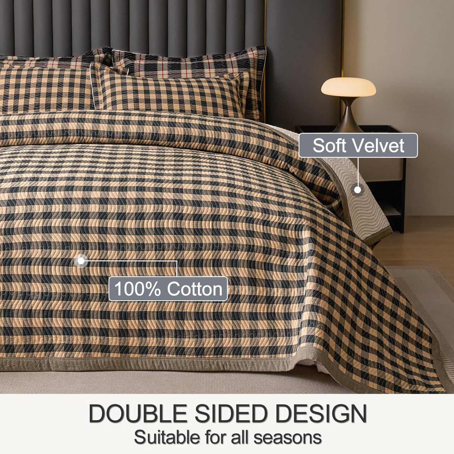 tohrisa Cotton Plaid Quilt Set, Ultra Soft 3 Pieces Queen Size Bedding with 2 Pillow Shams, Lightweight Reversible Coverlet Bedspread with Wave Quilting for Summer, 90"x96", Grid- Dark Green