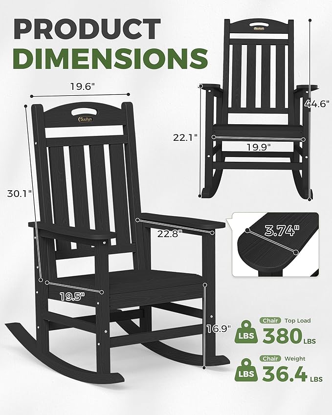 Oversized Outdoor Rocking Chair, High Back Porch Rocker Chair, HDPE All Weather Resistant Rocking Chairs for Patio, 380lbs Weight Capacity, Black