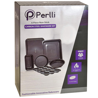 PERLLI Non-Stick 6-Piece Bakeware Set – Carbon Steel with Even Heat Distribution, Oven Safe to 446°F, BPA-Free, Dishwasher Safe, Stackable Baking Tools for Easy Storage and Everyday Cooking - Gray