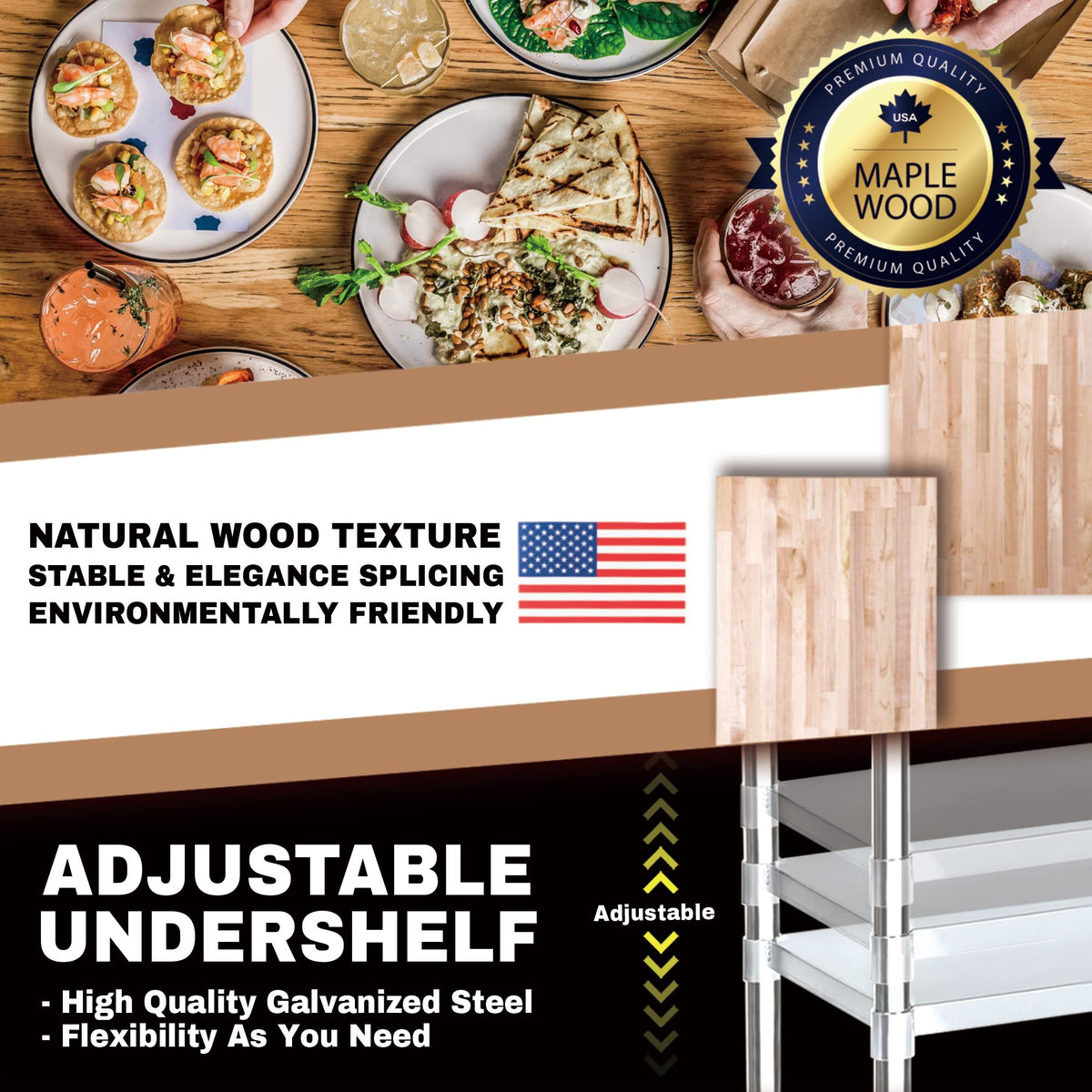 DuraSteel US Maple Top Work Table - 30 x 12 x 35 Inch Commercial Butcher Block Wooden Workbench with Adjustable Lower Shelf - Fits Restaurant, Warehouse, Home, Kitchen, Garage