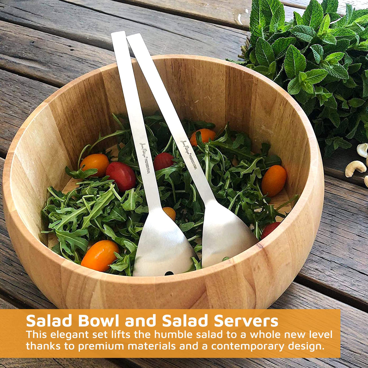 Jean-Patrique Large Wooden Salad Bowl & Serving Utensils - 10 inch Bowl, Spoon & Fork for Pasta, Cereal, Salad or Fruit