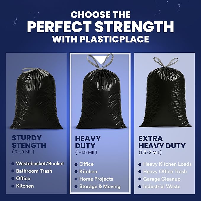 Plasticplace 32-33 Gallon Trash Bags │ 1.2 Mil │ Drawstring Garbage Can Liners