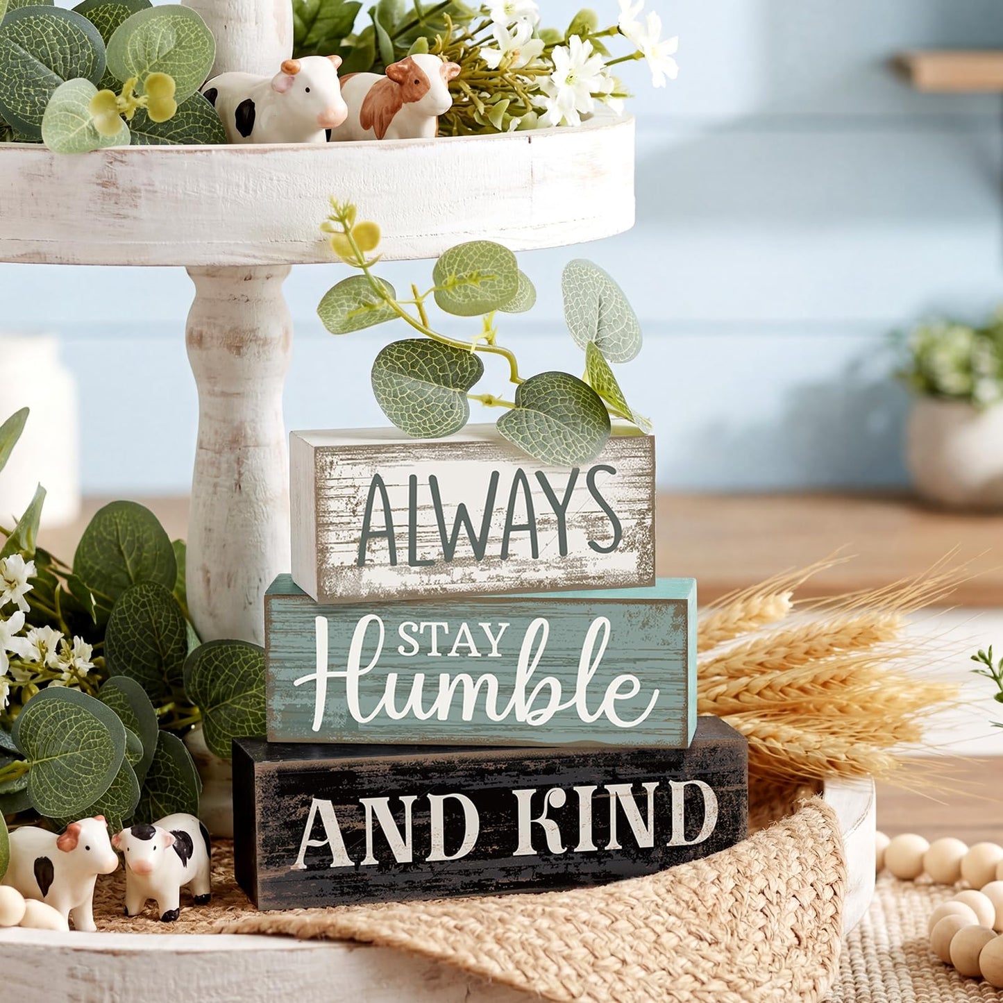 Lineshading 4 Pcs Inspirational Farmhouse Table Decor Always Stay Humble and Kind Stacked Wooden Block Signs with Inspirational Quote Eucalyptus Leaves for Home, Living Room, Shelf Housewarming Gift
